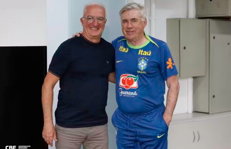 Dorival se encontra com Ancelotti e deseja sorte ao técnico