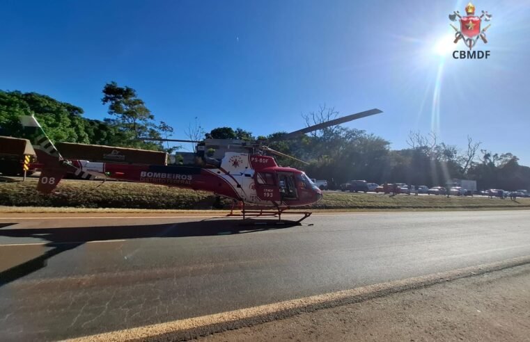 Motociclista sofre grave acidente na BR-060 e é resgatado de helicóptero pelo CBMDF