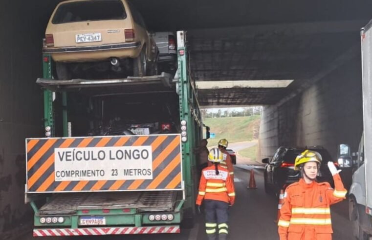 Caminhão-cegonha fica preso sob viaduto na EPIA Sul
