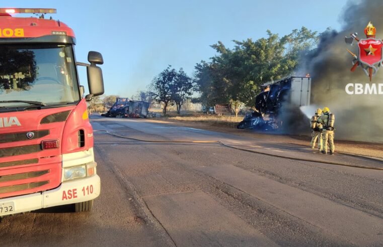 Incêndio em carretas carregadas de algodão interdita trecho da DF-130