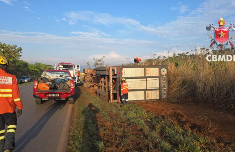 Caminhão com cerca de 48 bovinos tomba na DF-250, em Planaltina